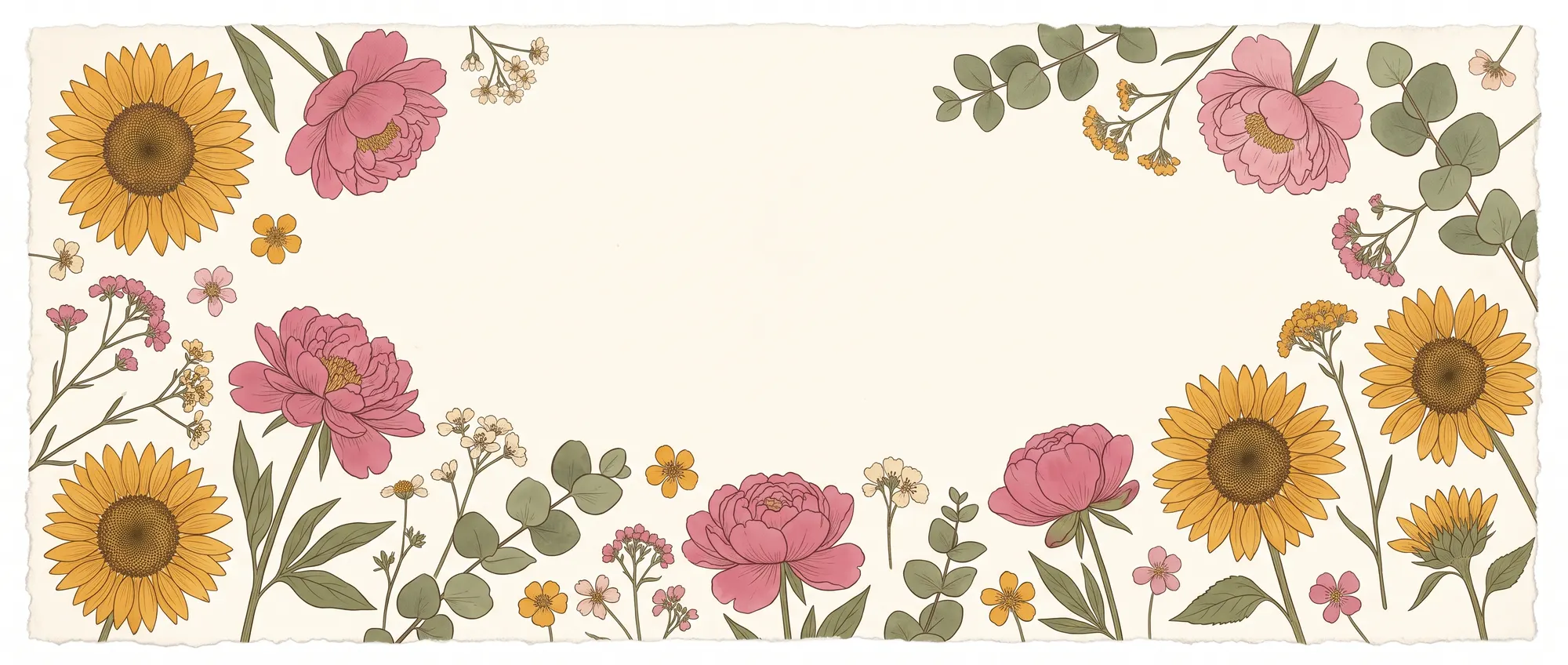 A pressed-botanical illustration of sunflowers and peonies framing an open cream center